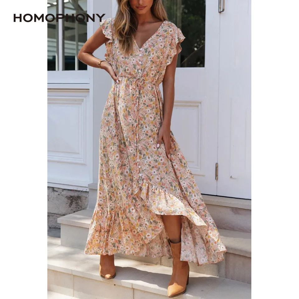 Платье макси шифоновое с цветочным принтом коротким рукавом и V образным вырезом