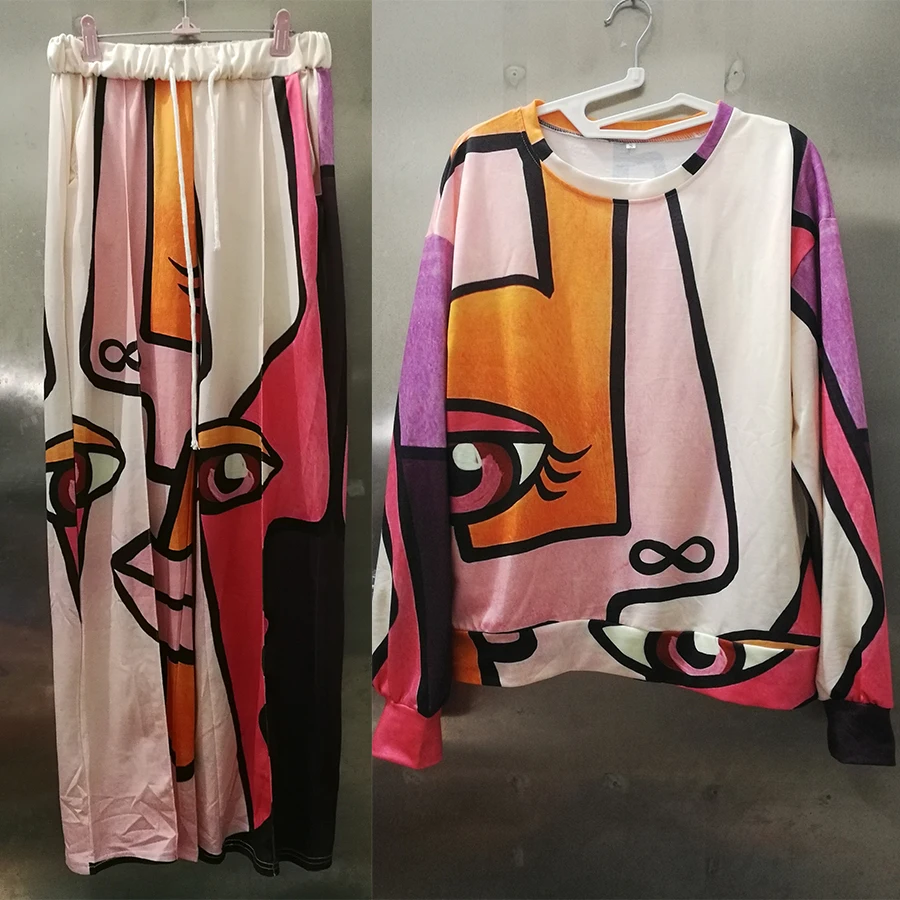 

Pink Face Eyes Hip Hop Thin Sweatshirt Pants Suit 2 Piece Set Women Tracksuit New Autumn Tops Loose Casual Girls Plus Size 3XL