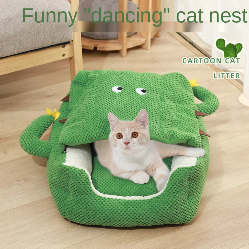 

Кровать-домик для кошек С КАКТУСОМ, теплая кровать для домашних питомцев, спальный мешок для маленьких собак и котят