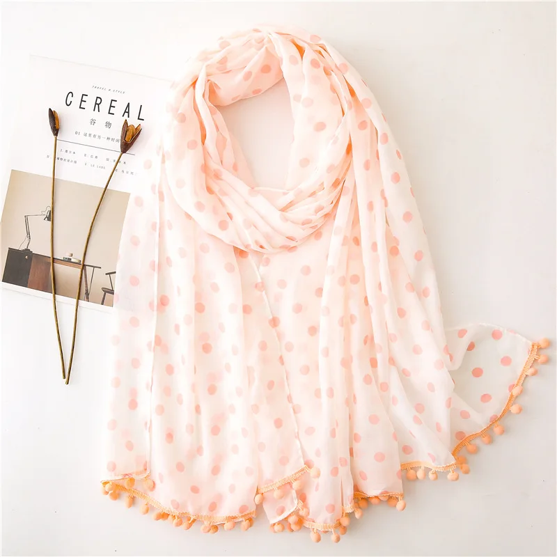 Осенний Модный женский шифоновый шарф с помпоном в горошек высококачественный