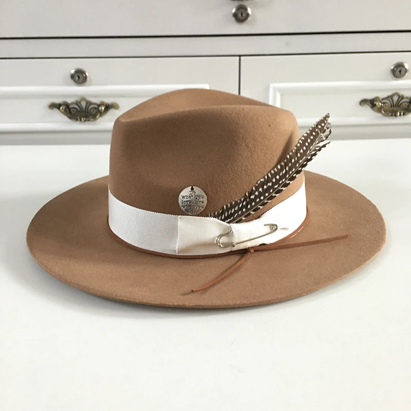 2021 new arrival khaki wool hat for women and men with Pin and feathers fedoras handcrafted hats by hukaili