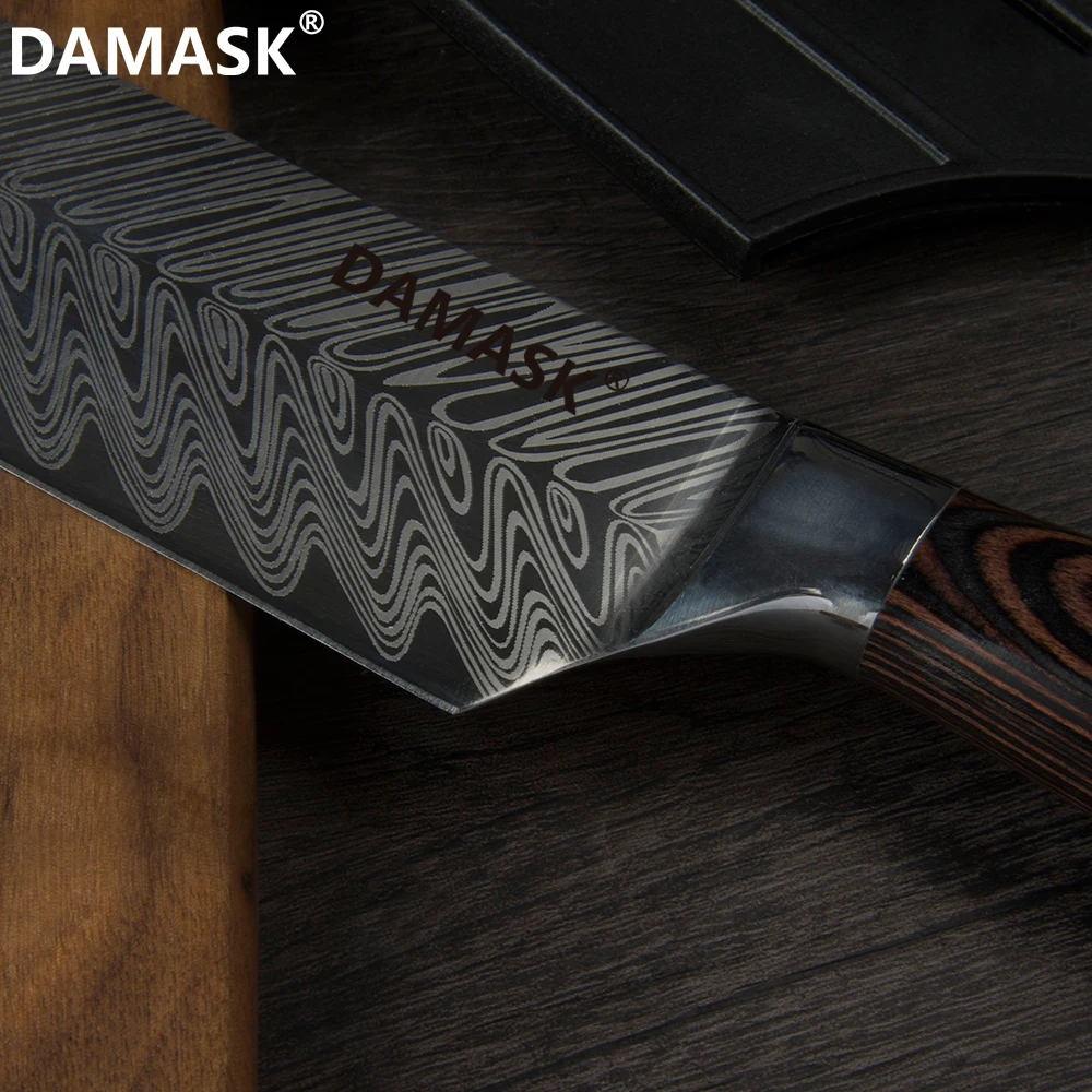 Набор кухонных ножей Damask 7Cr17 Mov кухонный нож из нержавеющей стали высококлассный нож с рисунком рыбьей кости с бесплатными подарочными ножны