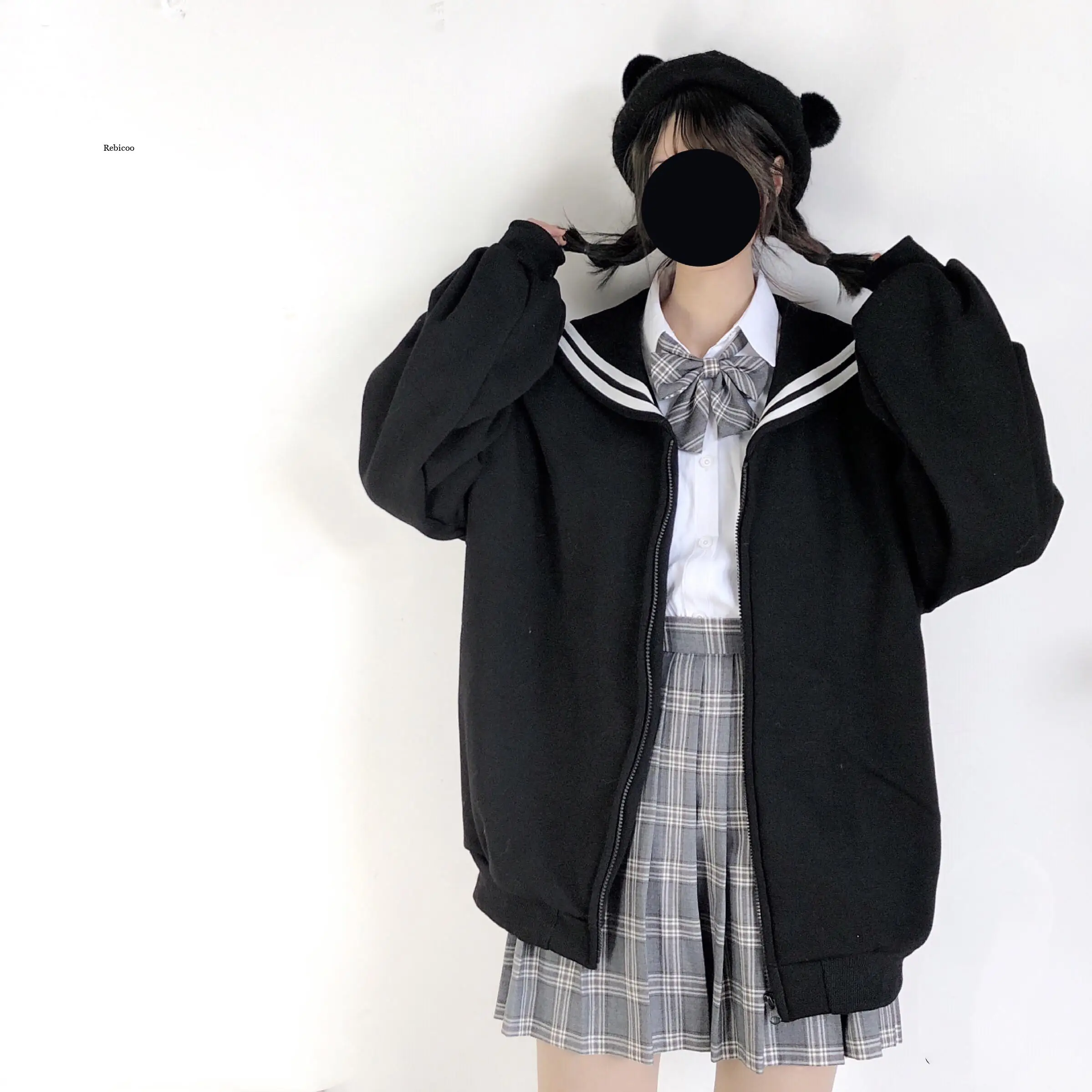 

Winter Kawaii Sweet Girls Oversized Hoodie Streetwear Sailor Collar Sweatshirt Women Harajuku Zipper Outerwear Coat Black Blue