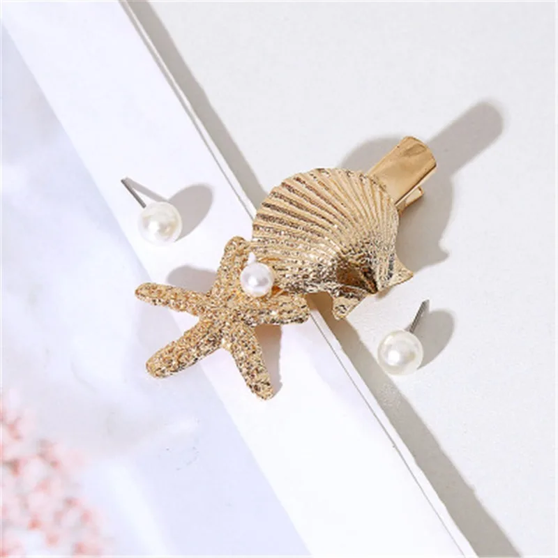 

Ins With The Side Clip 2019 New New Korean Metal Pearl Starfish Shell Geometric Hairpin Hair Styling Accessories