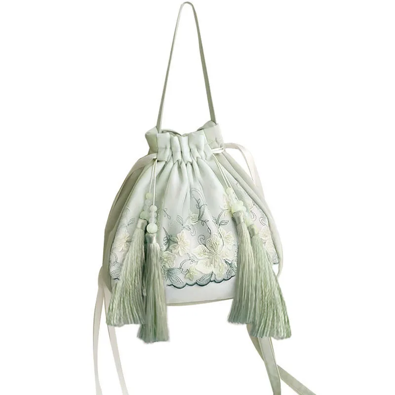 

1PCS Female Antiquity Hanfu Polyester Bag Antiquity Crossbody Leisure Bag Portable Embroidered Shoulder Bag with Tassels LB843