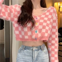fall women kawaii pink knitted cardigans retro solid sweater casual plaid mohair sweater 2021 winter ladies sweater crop tops