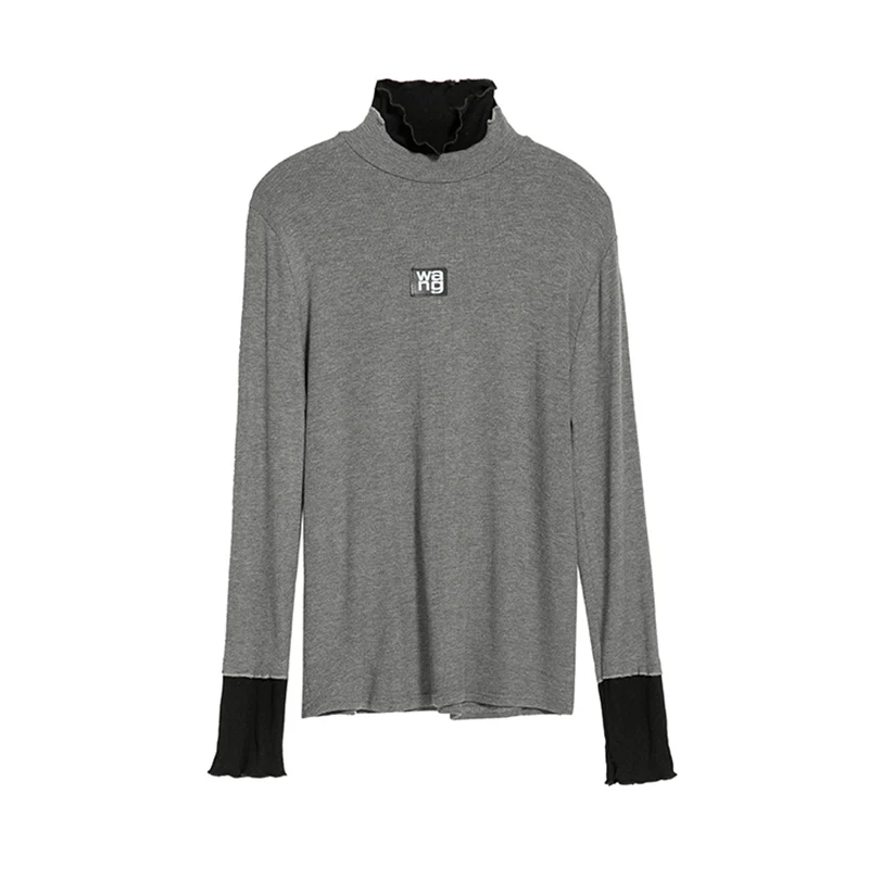

Patchwork Letter Contrast Color T-Shirt Women Turtleneck Long Sleeve 2021 New Spring Autumn Casual Tee Tops Fashion Clothes