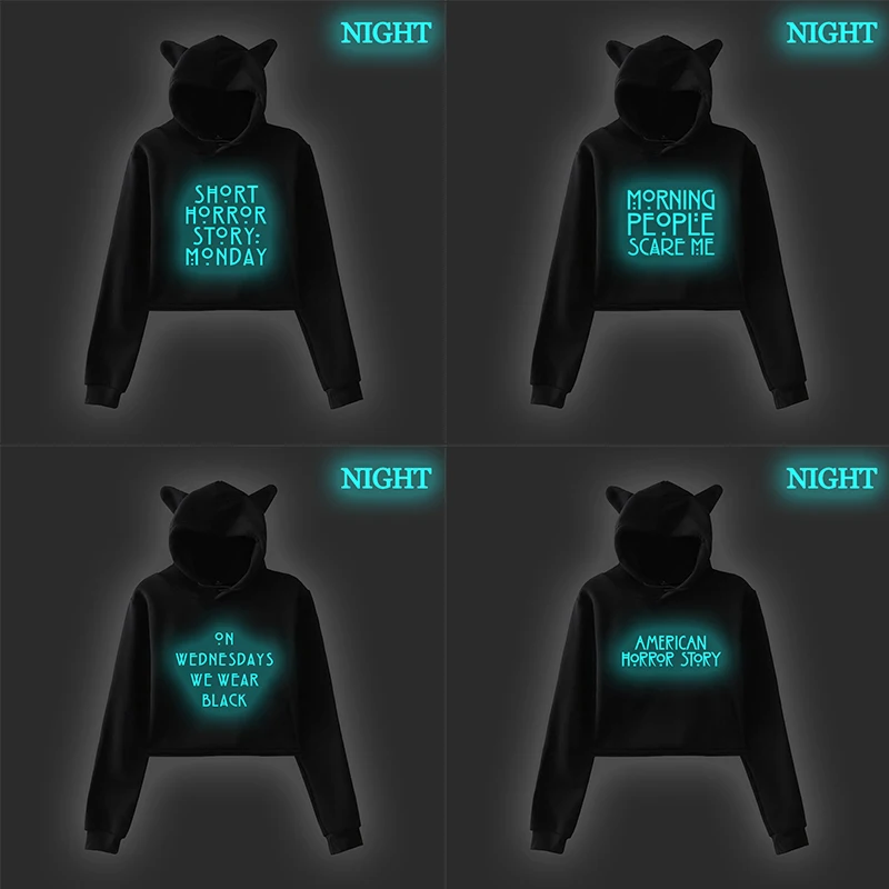 

Luminous Letter Print Sweatshirt Girl American Horror Story Harajuku Style Fleece Cat Ear Short Hoodie Women Female Pullover