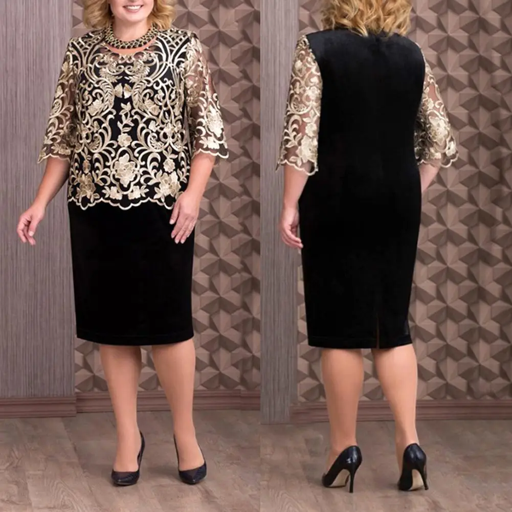 

Women Elegant O Neck Half Sleeve Fake Two Piece Lace Bodycon Knee-length Dress Great Gifts for Summer Womens Dress 5xl