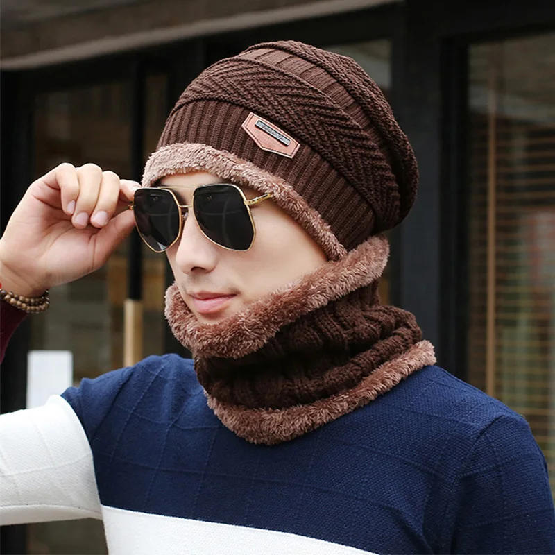 Knitted Hat Neck Collar Warm Suit Fur Wool Lining Thick Knit Beanies Balaclava Winter For men women Cap Skullies Bonnet | Детская одежда