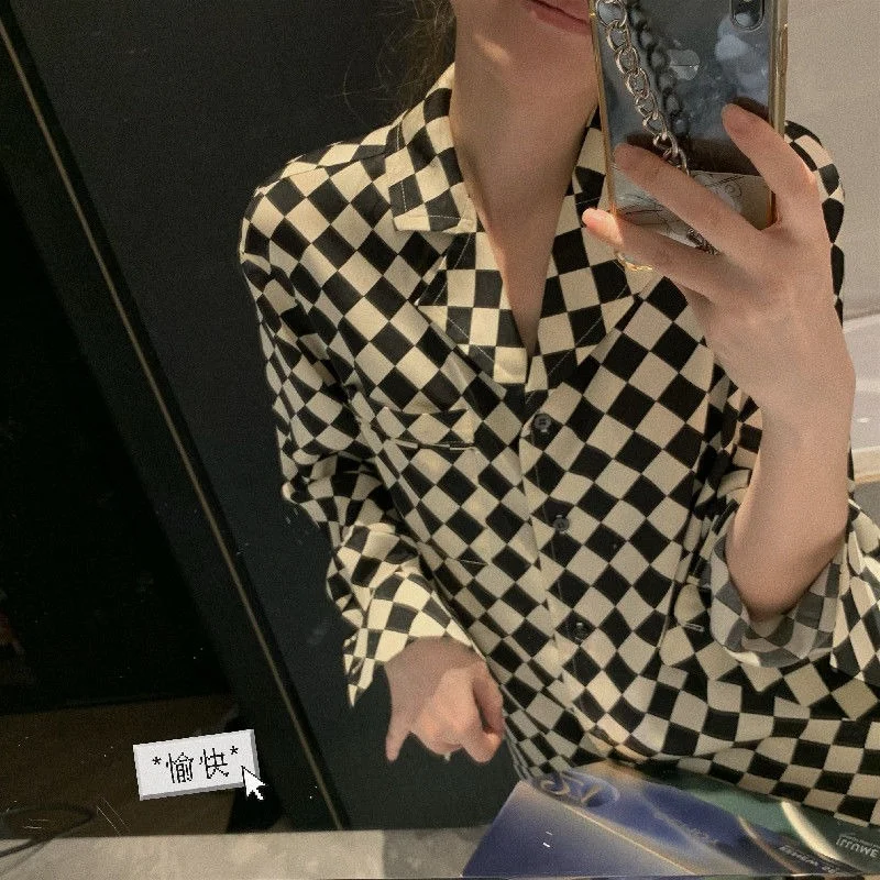QWEEK Women Pajamas Black and White Grid Pijamas Spring Autumn Home Clothes Lounge Wear Sleepwear Pyjamas 2 Piece Sets Roomware