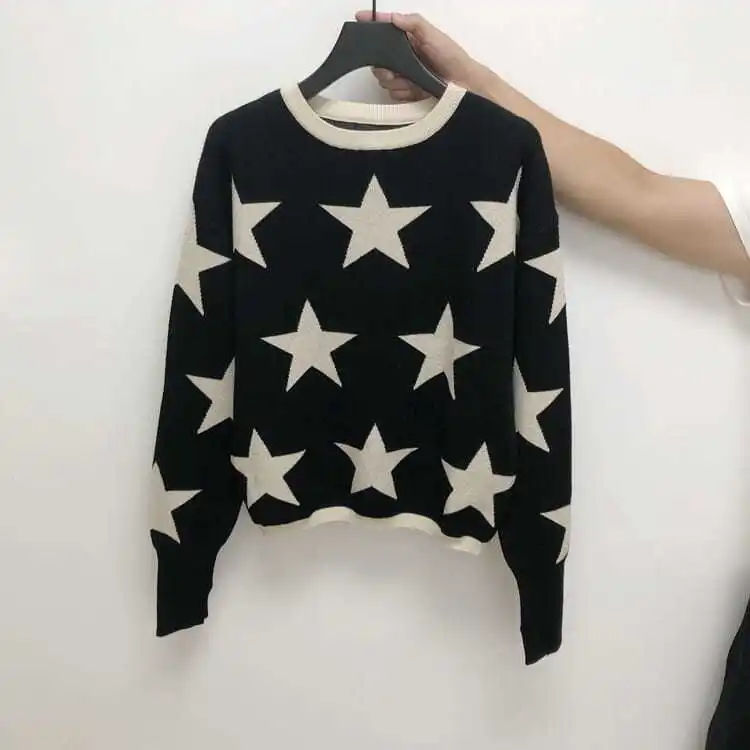 

2021Autumn New Shiny Gold Thread Five-Pointed Star Jacquard Pullover Sweater Round Neck Long Sleeve Short Outer Wear