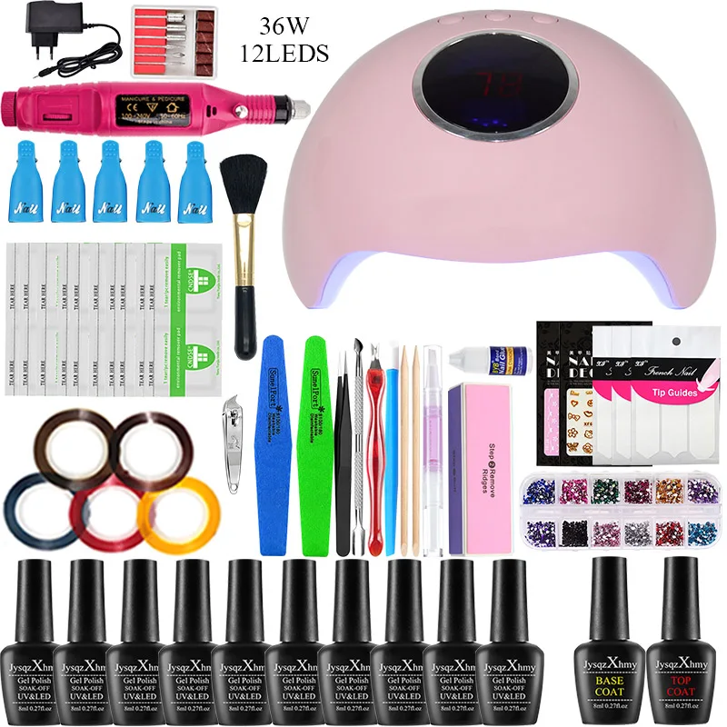 36w choose 10color Набор для ногтей 36/48/54 Вт УФ светодиодный лампа для сушки гель-лака для ногтей маникюрный набор 10 шт Гель-лак для ногтей Лаки расширение Polygel набор инструментов для ногтей набор - Цвет: 36w choose 10color