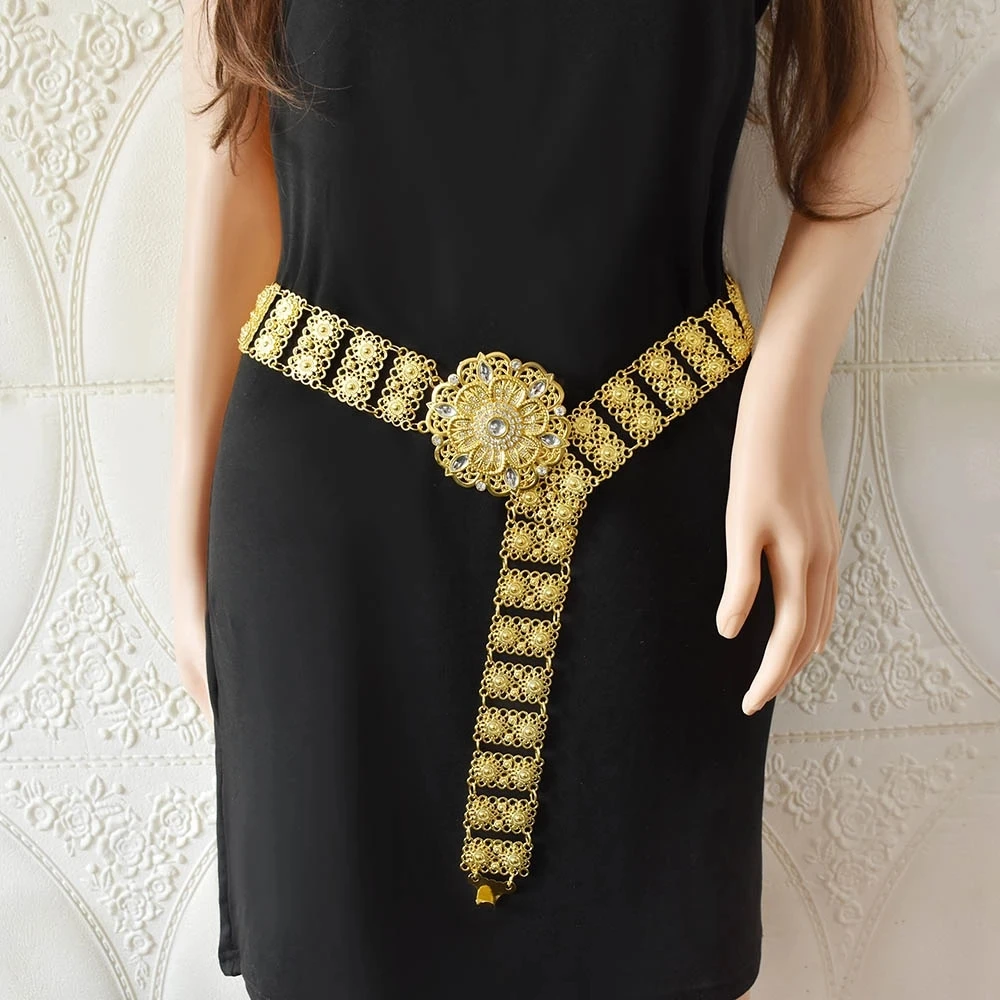 

Indian Gold Belly Waist Dress Chains Carved Flower Hollow Out Crystal Dance Dress Metal Belt Body Chain Afghan Party Jewelry