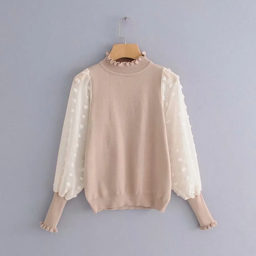 Женский милый пуловер в горошек свитера прозрачные джемперы с длинными рукавами