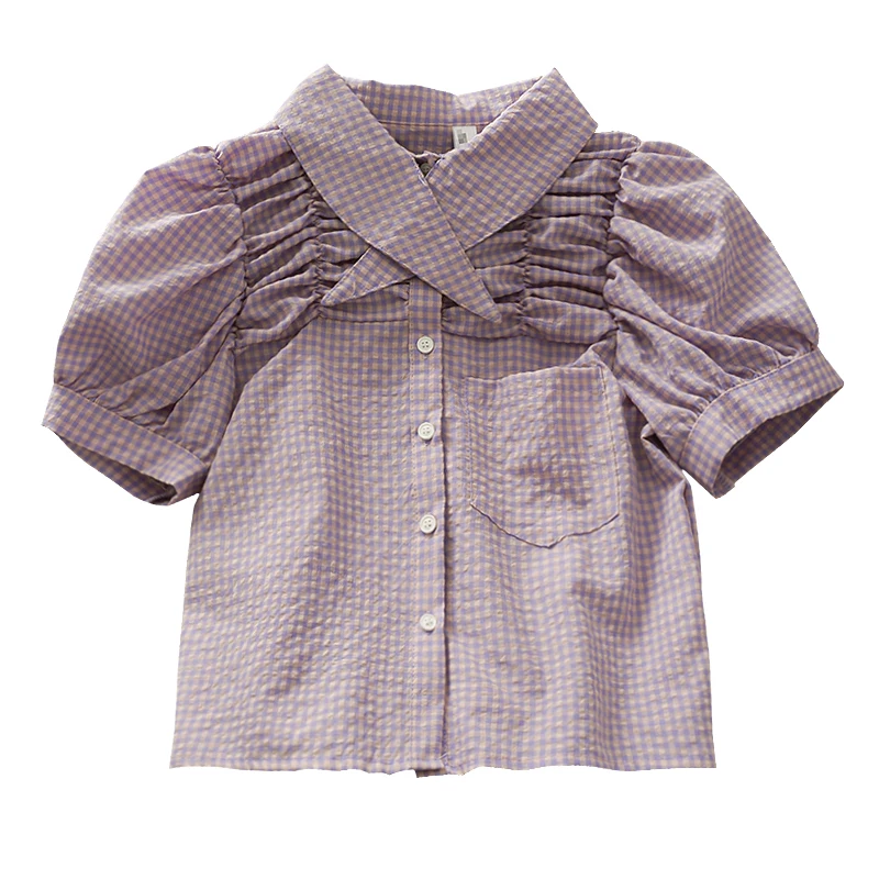 

Sneaky Design Short Puff Sleeve Lapel Small Shirt Women's 2021 Spring and Summer Small Plaid Single-Breasted Cardigan T-shirt