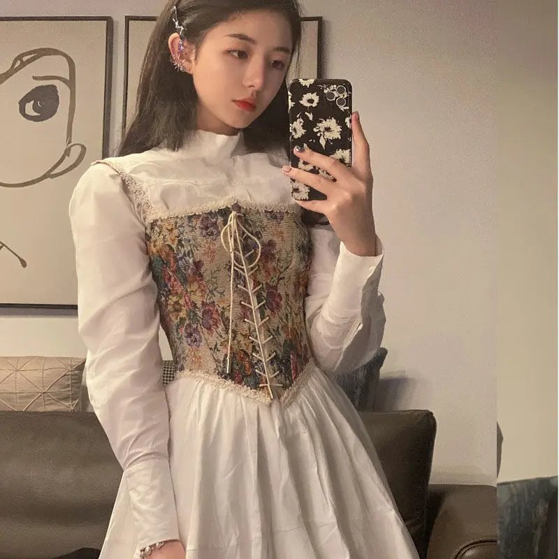 

2021 Spring Two Piece Fashion Shirt Dress Feminine Style Slim Retro French Long Sleeve Short Skirt