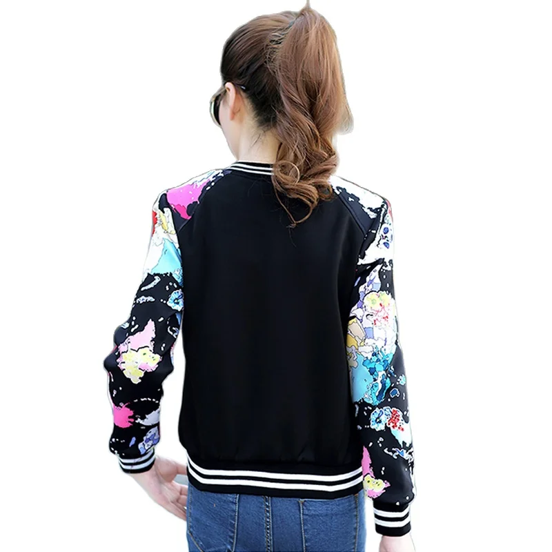 

Women Floral Print Jacket Casual Long Sleeve Zipper Retro Outwear Autumn Stand Collar Patchwork Basic Short Baseball Coat Female