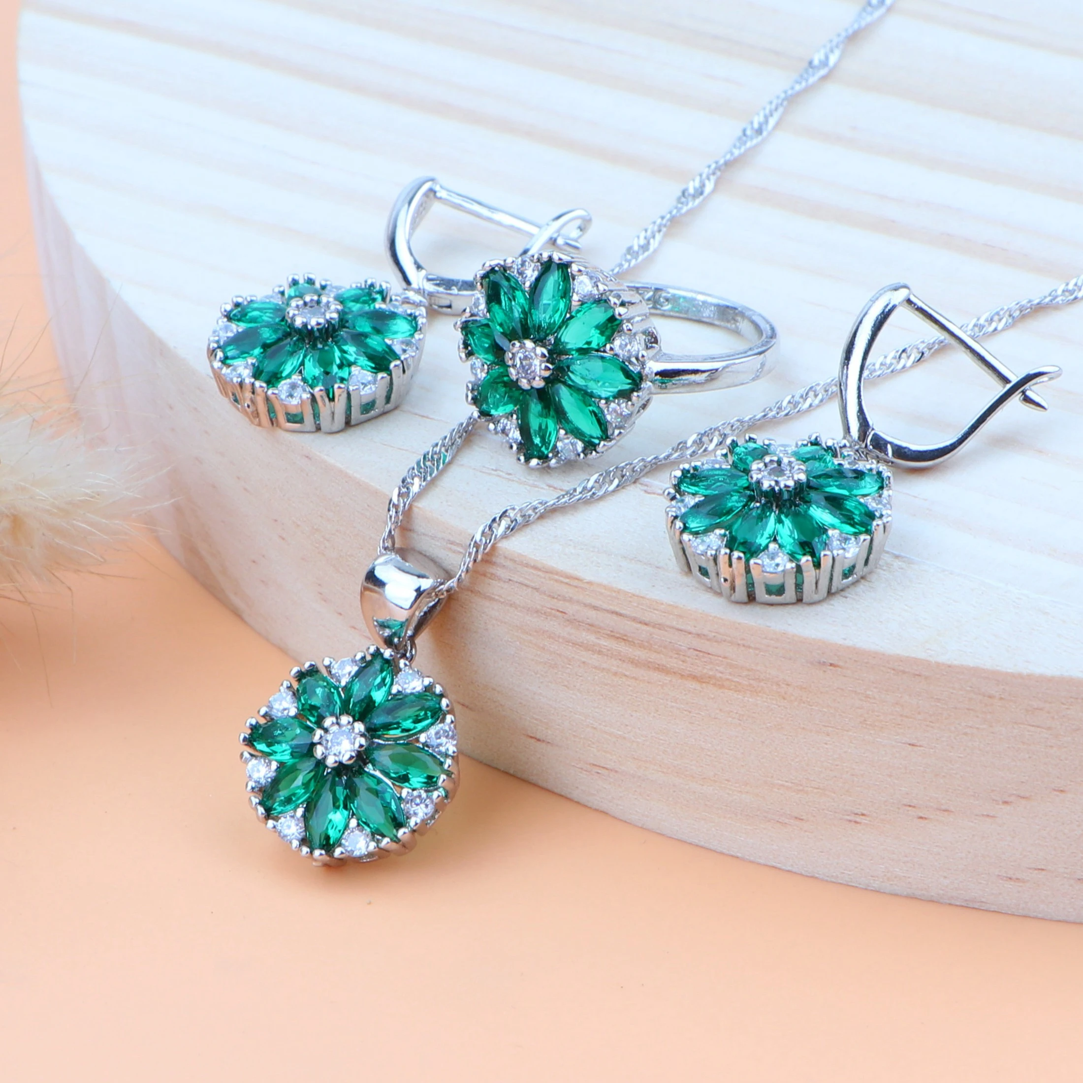 925 Sterling Silver Green Zirconia Jewelry Sets Stone Earrings For Women Wedding Pendant Rings Necklace Set Gift Box | Украшения и