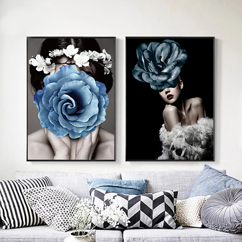 

Nordic Antlers Girls Poster Black and White Style Canvas Painting Abstract Body Flower Wall Art Prints Living Room Home Decor