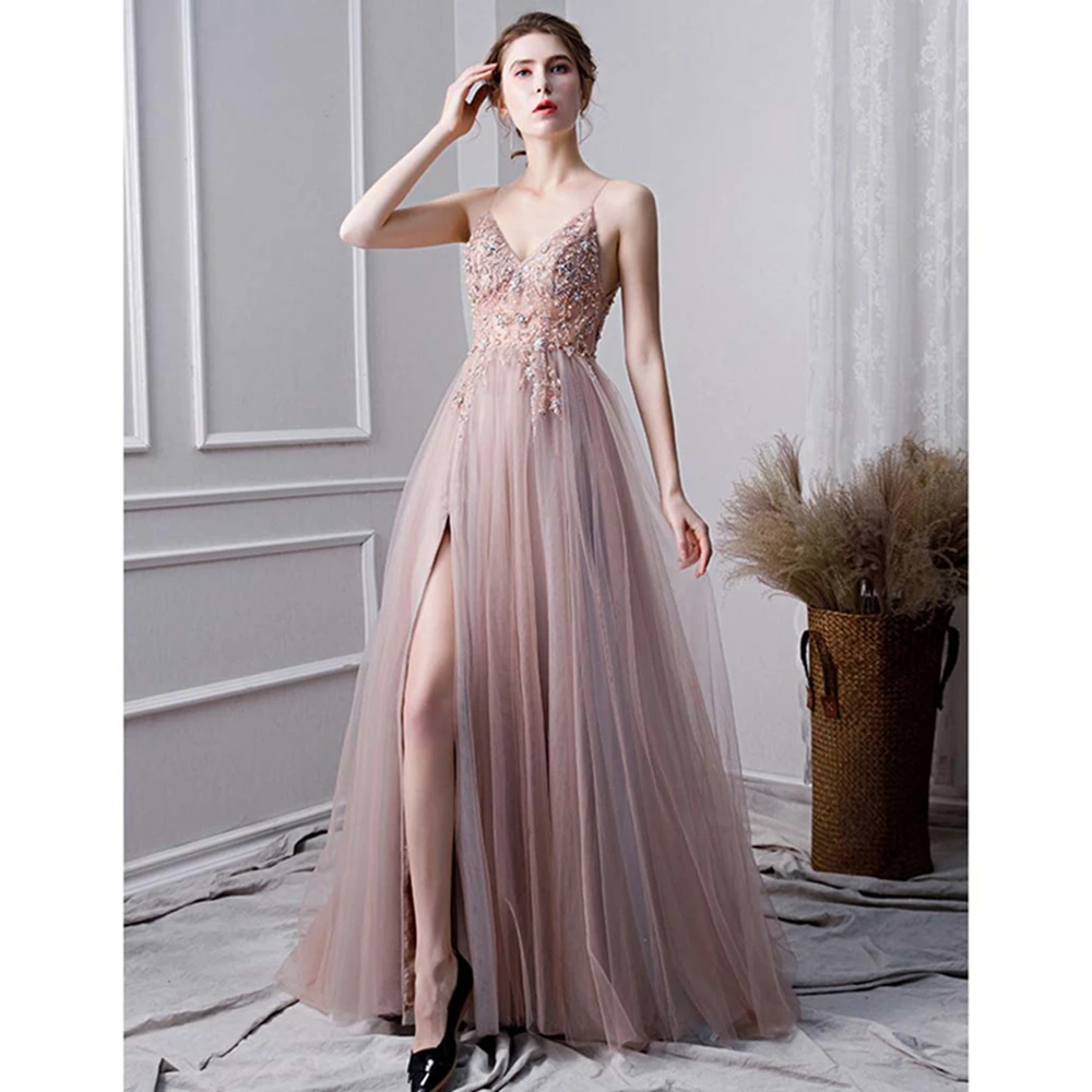 Женское вечернее платье на бретелях-спагетти розовое ТРАПЕЦИЕВИДНОЕ ПЛАТЬЕ для