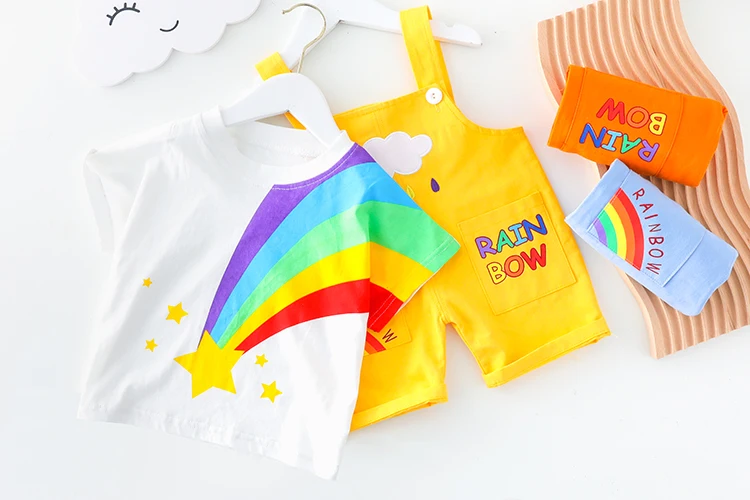 

2021Summer Children's Clothes Cartoon Rainbow Clouds with Short Sleeves Cute and Stylish 2-piece set Unisex