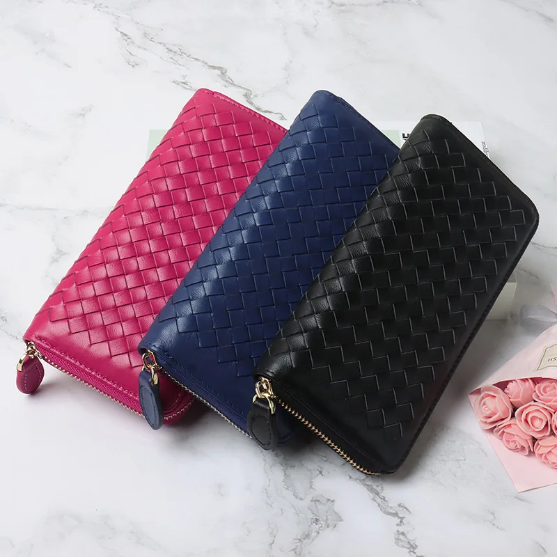 

Ladies Leather Long Wallet Handmade Sheepskin Woven Clutch Fashion Simple Casual Wallet Large Capacity Card Case