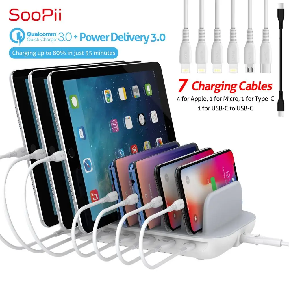 SooPii 60 Вт 7-портовая usb зарядная станция для нескольких устройств, быстрая зарядка с QC 3,0 и поставка питания 3,0 7 кабелей в комплекте