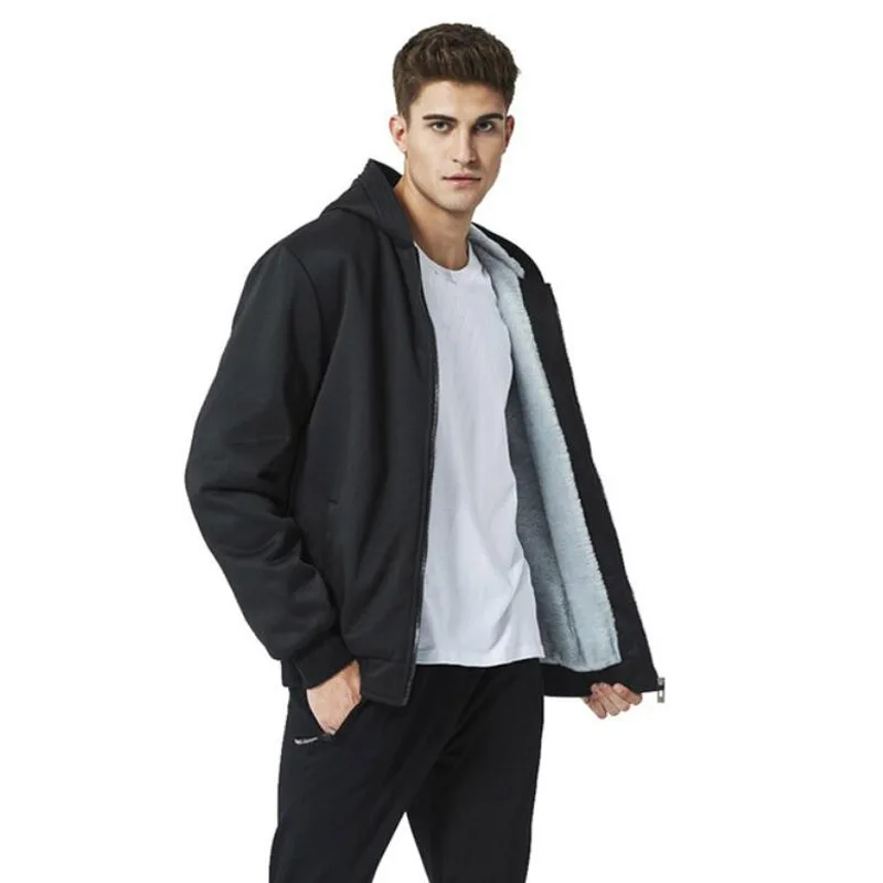 Мужские флисовые толстовки черные с капюшоном плотное зимнее теплое серое