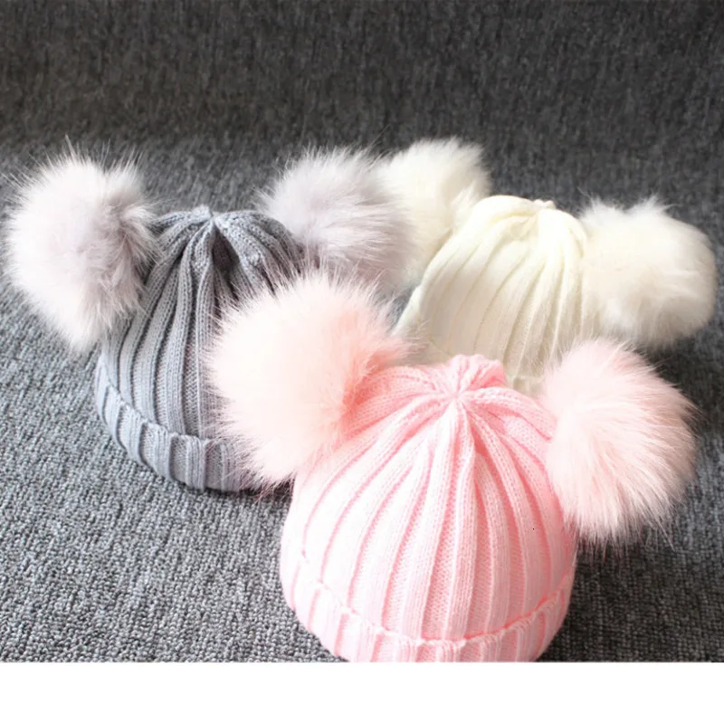Детская шапка из искусственного меха енота зимние теплые вязаные шапки с двойным