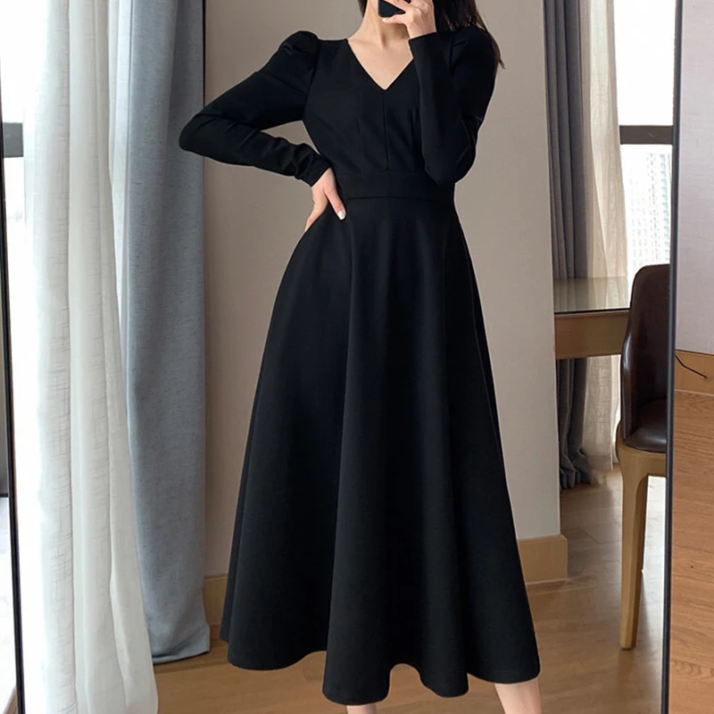 

Vintage Midi Dress Office Lady Long Sleeve Pure Color Dress Women Casual Korean Fashion Retro Elegant Dress Party 2021 Autumn