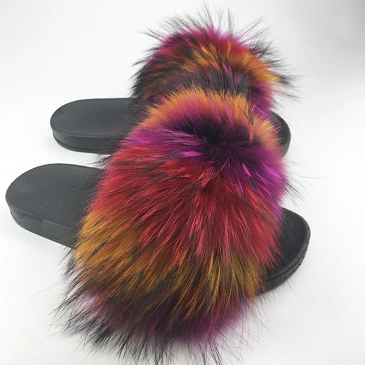

Wholesale 100% Real Fox Slippers Kids Winter Fur Child Home Slides Girls sliders Raccoon Fluffy Chinelo Flats Beach Summer