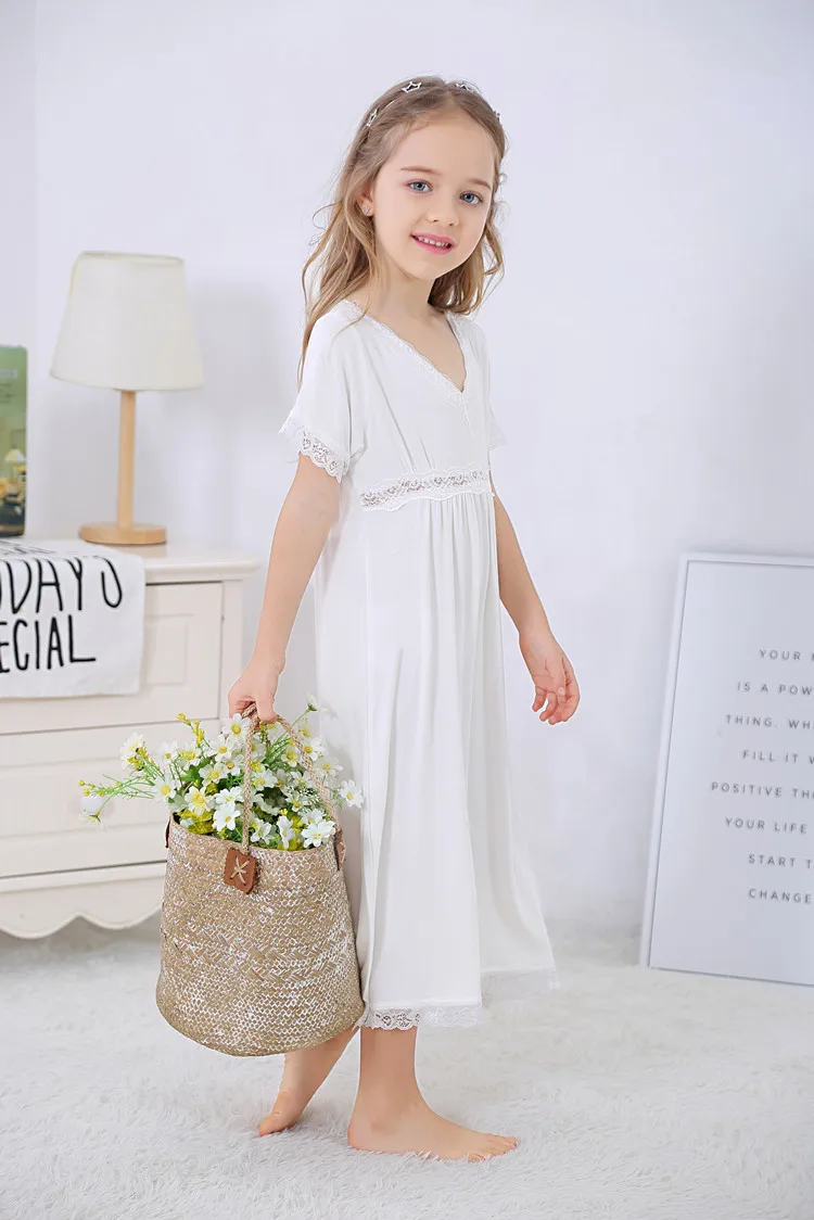 Летняя кружевная ночная рубашка для девочек белая хлопковая мягкая длинная