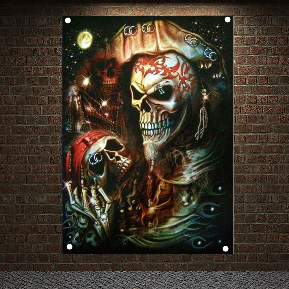 

Pirate Skull Art Banners Tattoo Art Flags Canvas Painting Bar Cafe Home Decoration Scary Bloody Posters Tapestry Wall Hanging