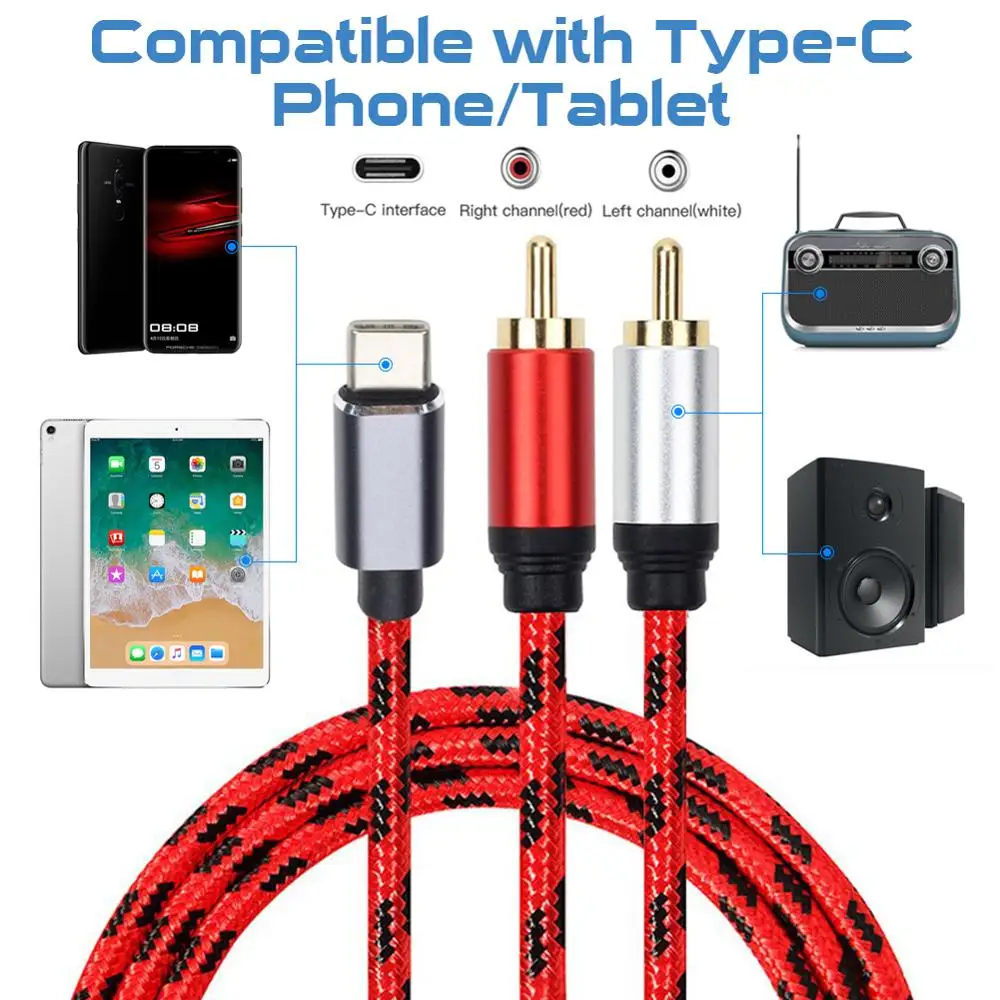 USB C RCA аудио кабель Type к 2 2RCA Jack для домашнего кинотеатра усилитель DVD ТВ динамик 0 5