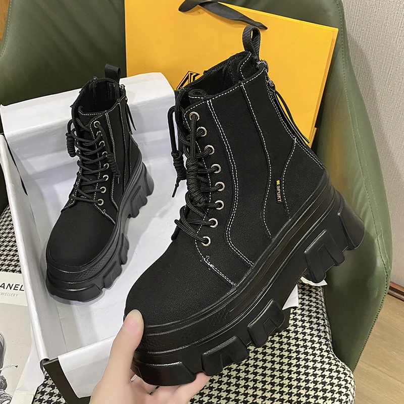 

Autumn Women Thick Sole Ankle Boots Canvas Platform Casual Boots 2021 Women's 8cm High Heels Wedge Boots Shoes Woman Sneakers