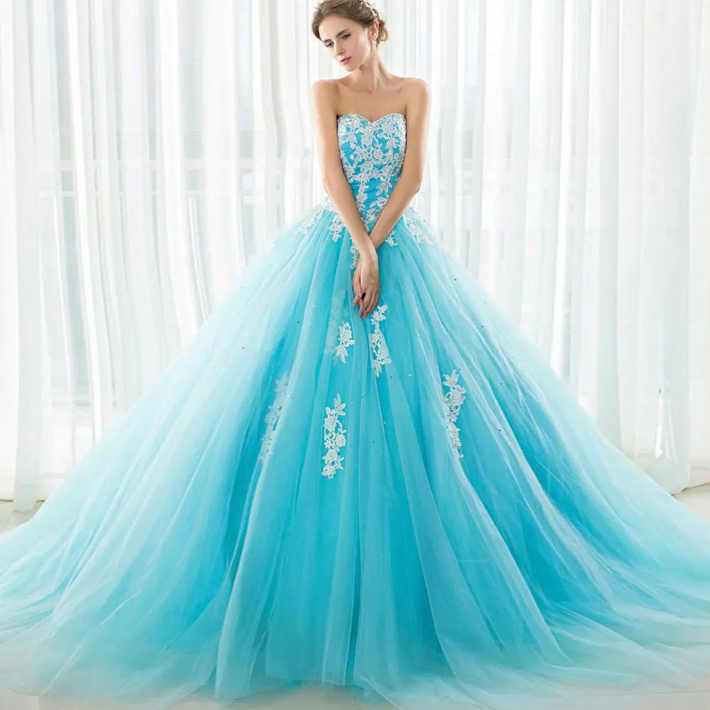

Light Sky Blue A-line Net/Tulle Sweetheart Floor length Sweep/Brush Applique Sleeveless Banbage Evening Dresses Fashion