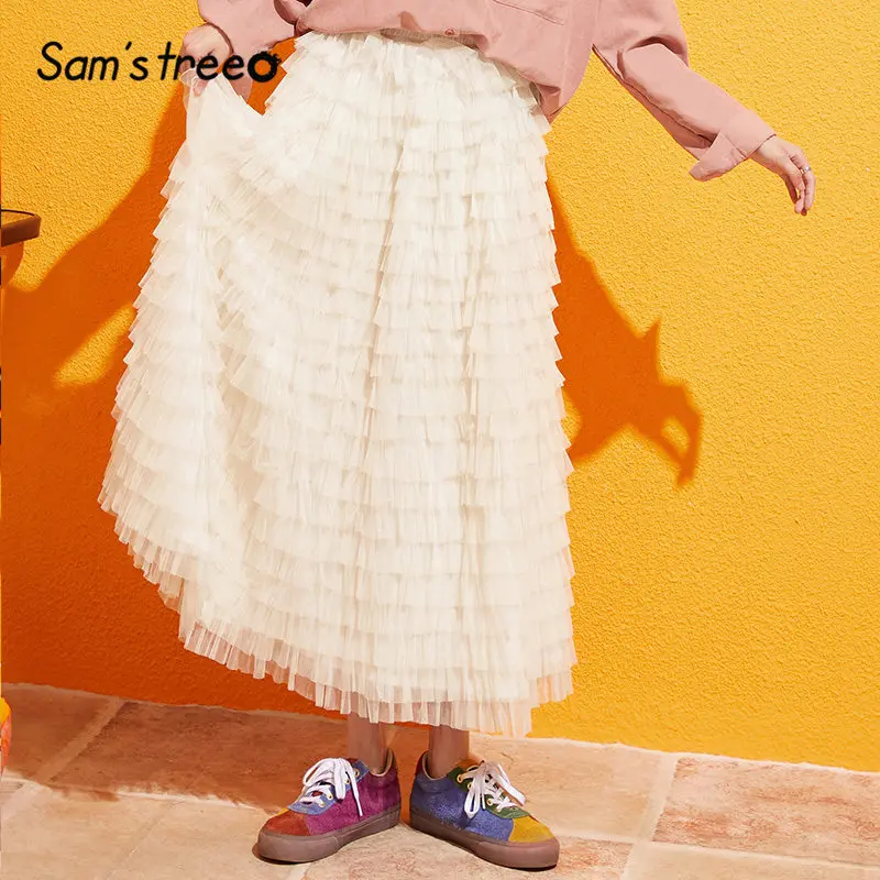 Samstree белая однотонная сетчатая элегантная длинная юбка для женщин Повседневная Корейская стильная трапециевидная юбка с высокой талией офисные женские юбки