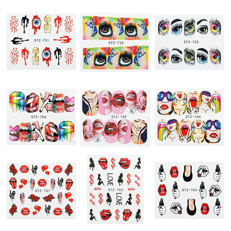 9pcs Suit Skeleton Nail Sticker Water Self-Adhesive Halloween Slider Tattoo Big Eyes Scary DIY Stickers Decoration | Красота и