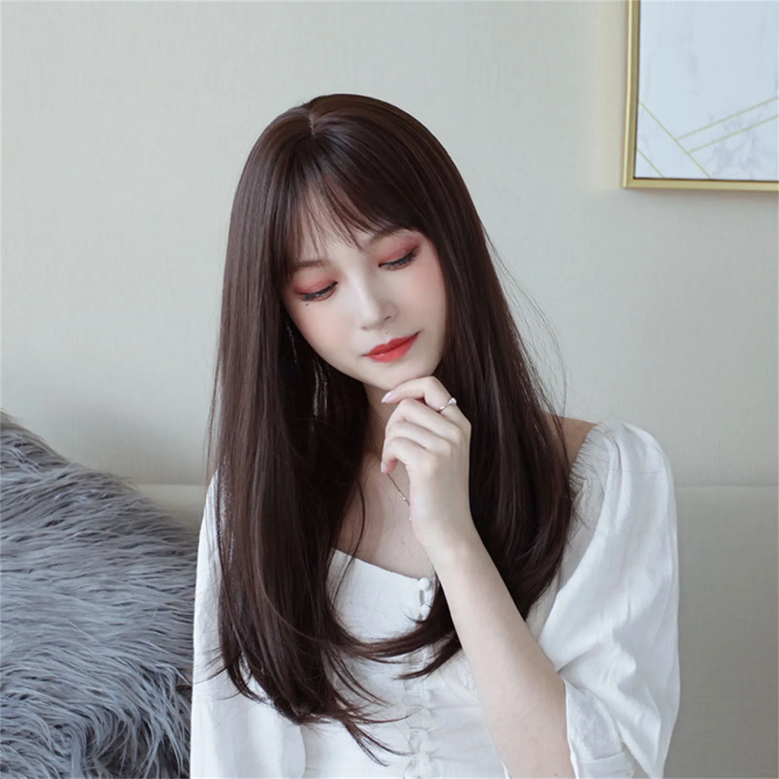 

Women's Fashion Heat resistant fiber Female wig Female Natural Short Hair, Round Face Long Straight Hair Full Headgear Wig Hair
