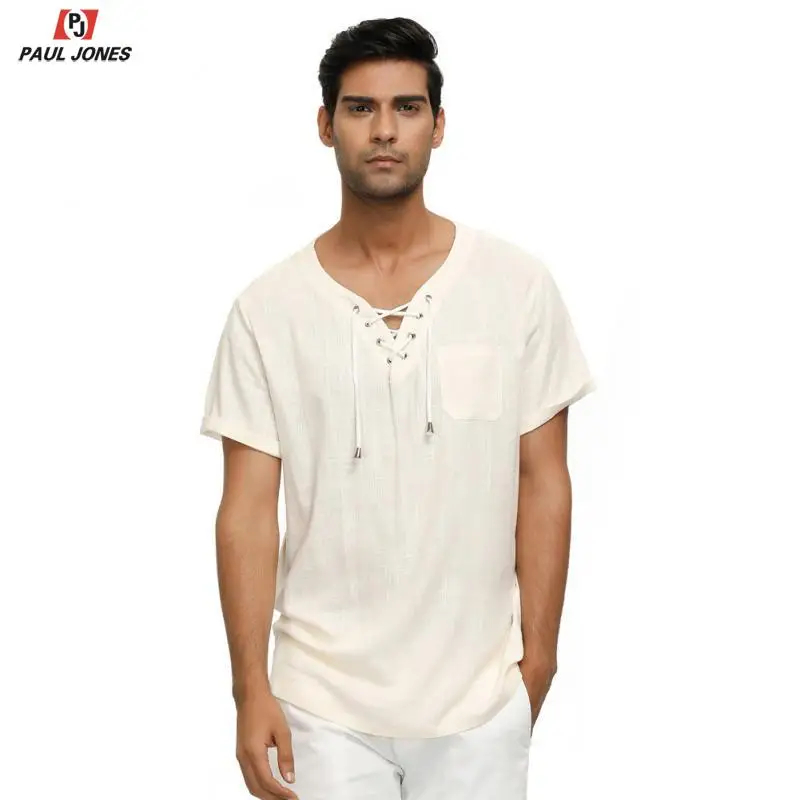 Мужская рубашка из вискозы и льна на шнуровке PAUL JONES стильные летние пляжные