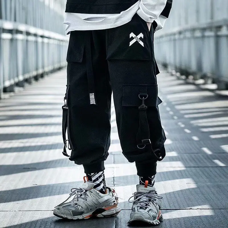 Штаны карго HOUZHOU мужские в стиле хип хоп модная уличная одежда готические черные