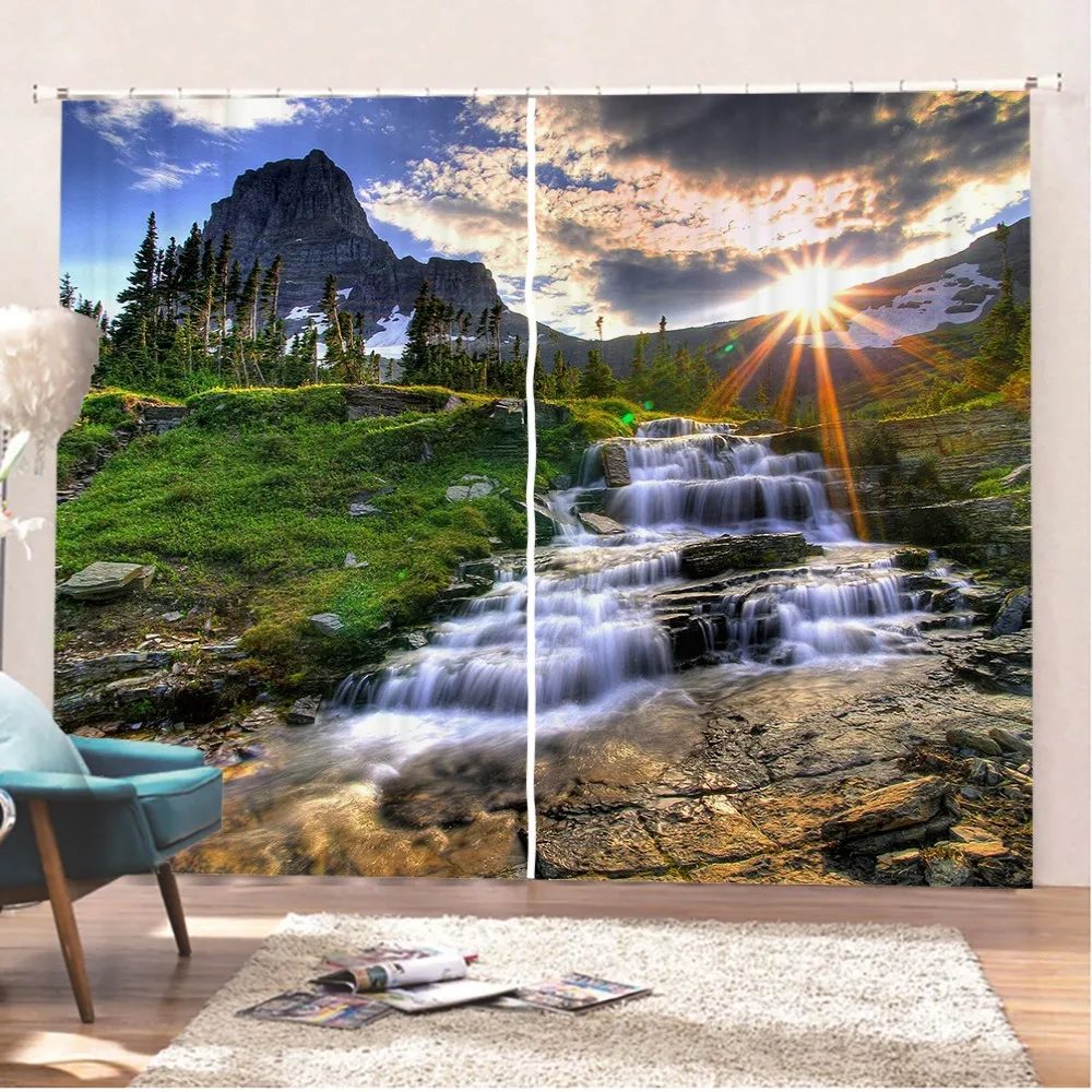 

2 Panels Natural Scenery Window Curtains Waterfall Parlour Window Treatments 3D Print Home Room Window Drapes Mountain Curtain