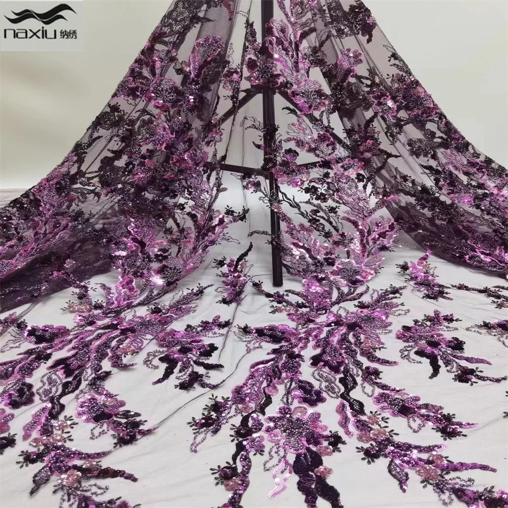 

Новейшая африканская кружевная ткань Madison Purple, вышивка, кружево ручной работы из бисера, французское Тюлевое кружево, кружевная ткань для ни...