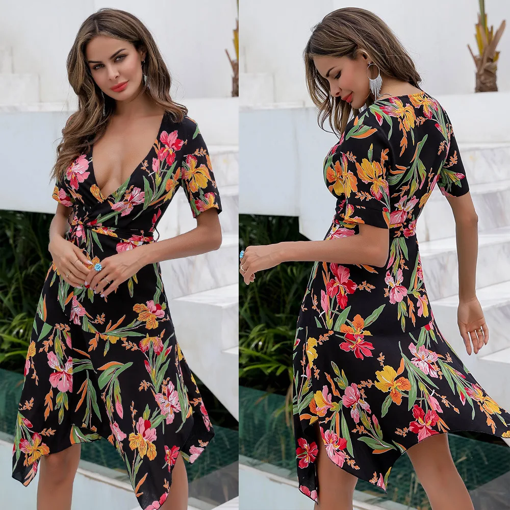 

Women's summer print bandage beach skirt V-neck irregular square scarf hem holiday dress Free shipping