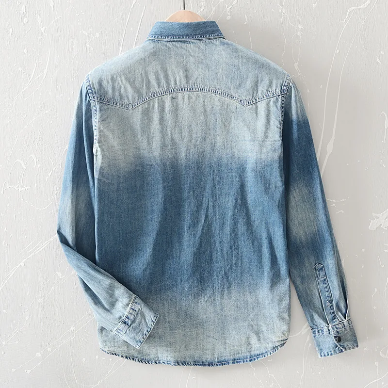 Винтажные модные длинные джинсовые мужские рубашки из чистого хлопка с рукавами