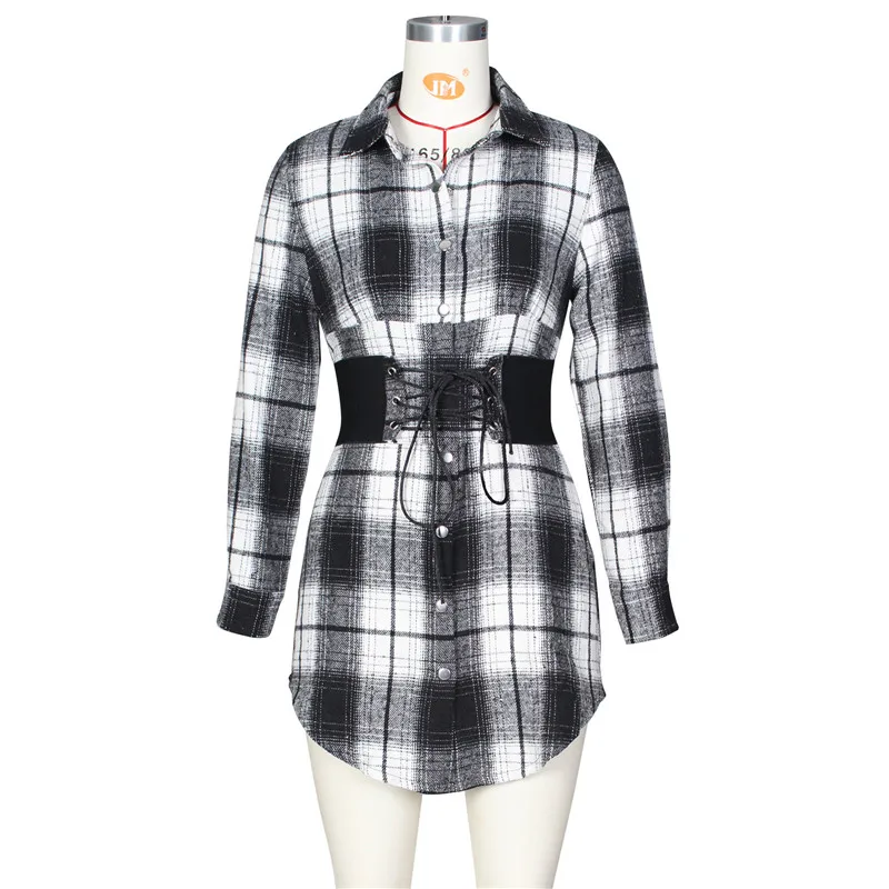 

F.O 2021 Sprint Women Plaid Shirt Dress With Waistband Corset Turn Down Collar Long Sleeve Mini Casual Vestidos Clothing
