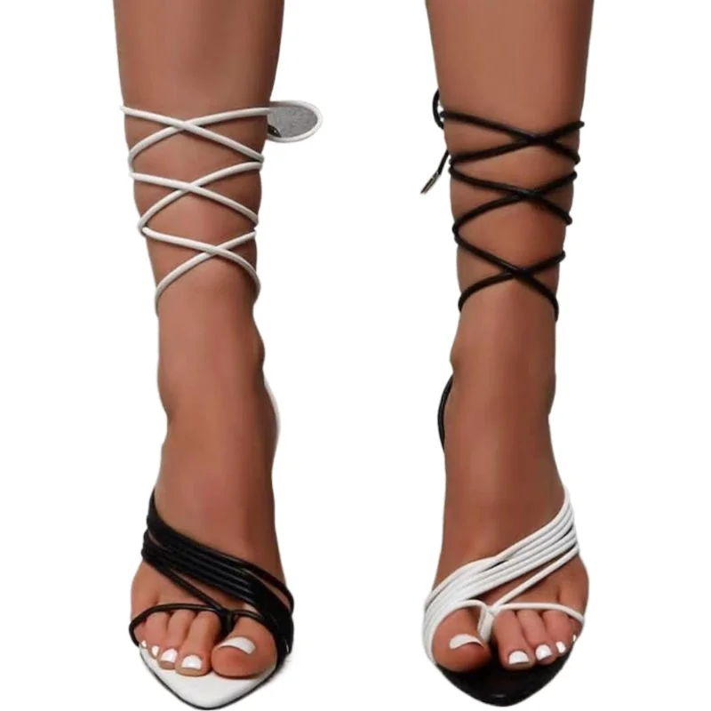 

Summer Women's Sandals Black and White Stitching Straps Gladiator Women's Sandals 2021 Sexy Thin Strap Women's High Heels