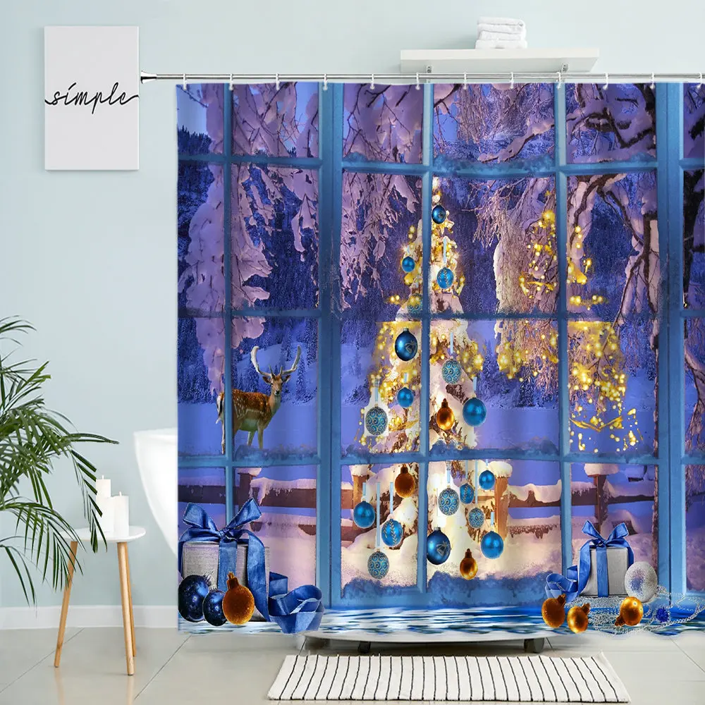 Merry Christmas Shower Curtain Xmas Tree Forest Snow View Elk Window View Holiday Gift Bathroom Decor With Hook Polyester Screen