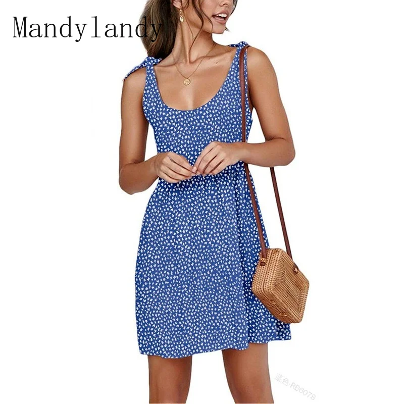

Mandylandy Women Summer Sexy Dot Print Strap Dress Ladies Casual Fashion Sleeveless Halter Corset Sundress Mini Dress